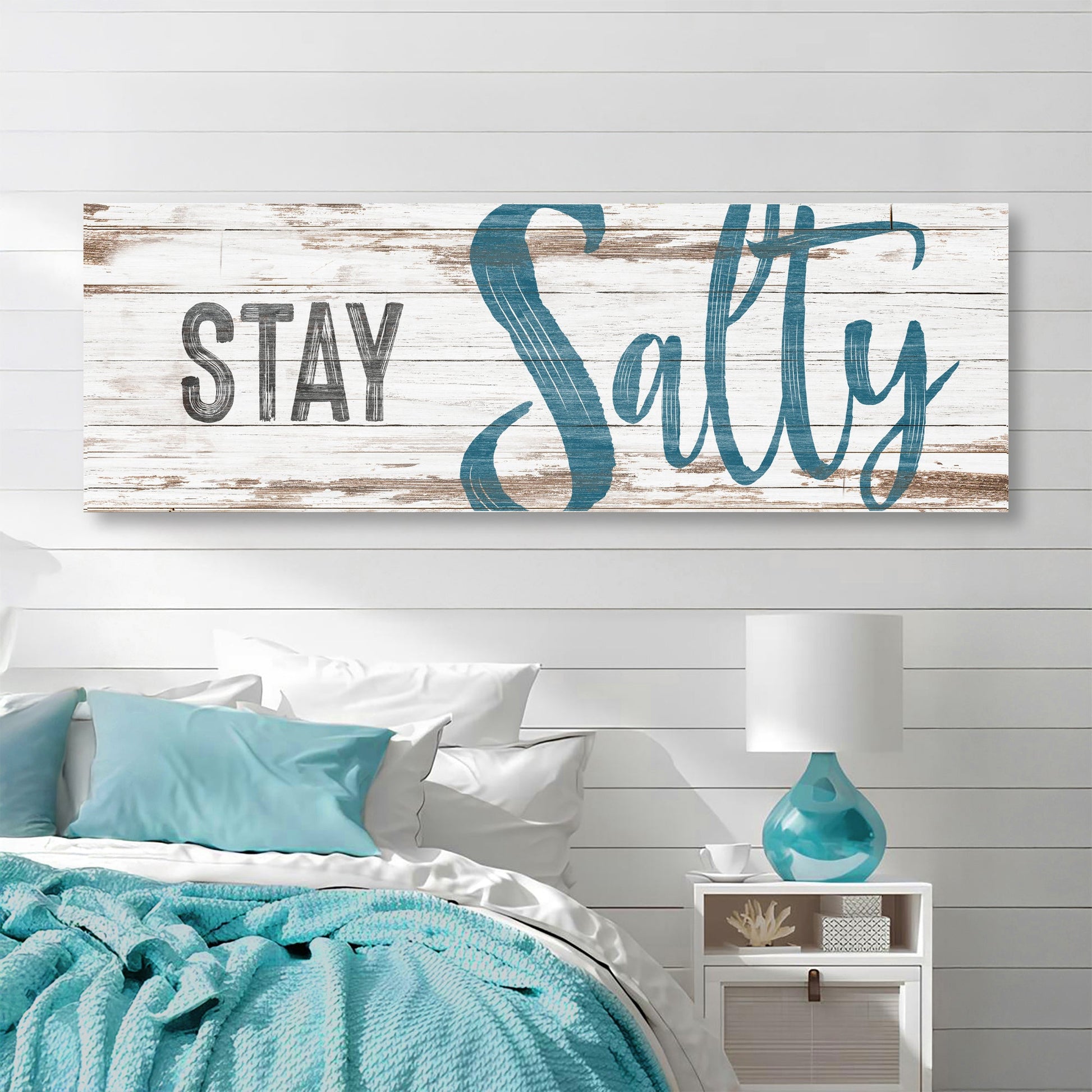 Stay Salty Coastal Sign VIII canvas wall art with weathered white wood and blue script on Tampa Home & Garden Store
