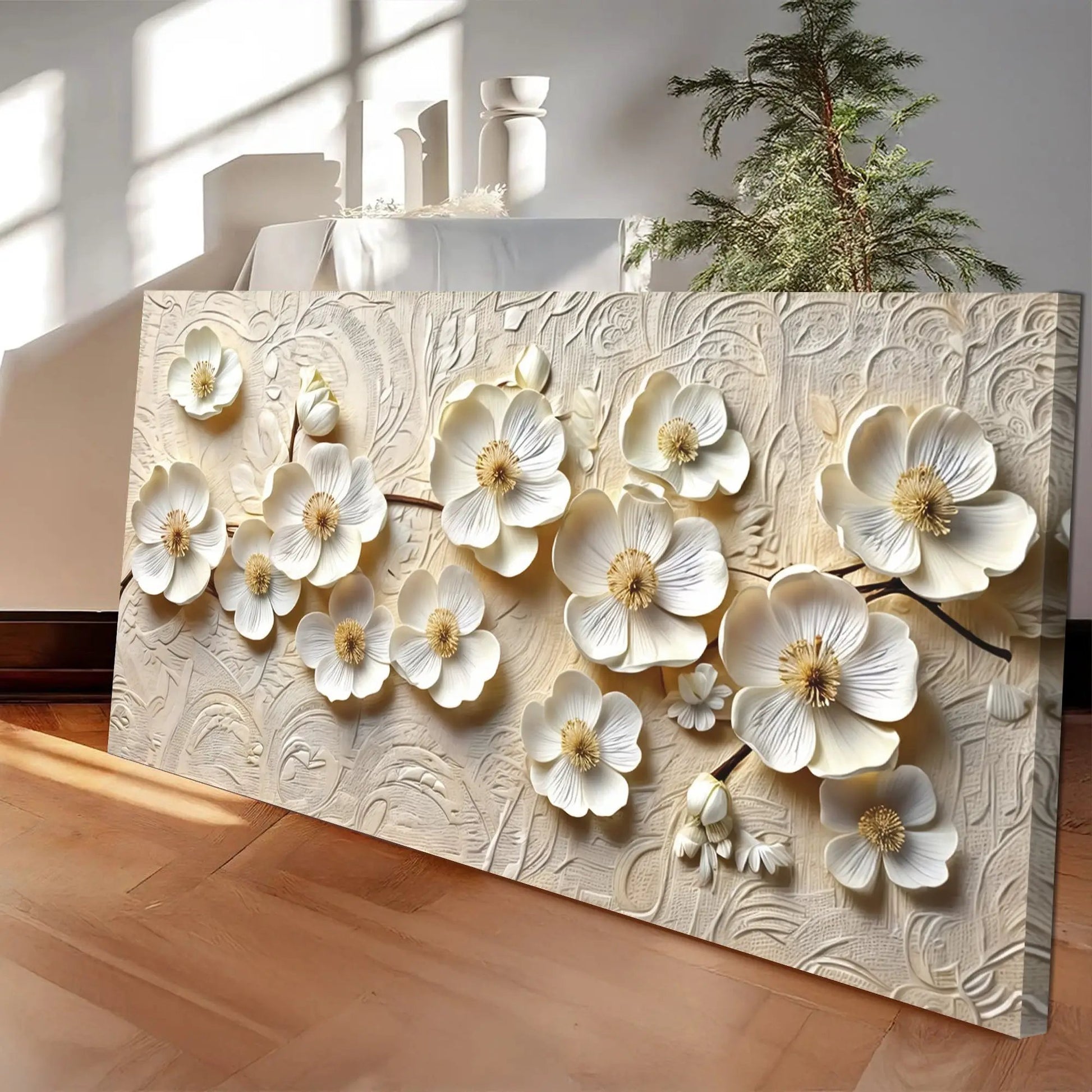 White Blossom Serenade canvas wall art with ivory embossed floral relief by Tailored Canvases on Tampa Home & Garden Store