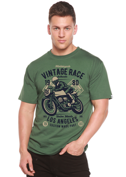 Vintage Race Spun Bamboo men's green short-sleeve graphic T-shirt with motorcycle print on Tampa Home & Garden Store