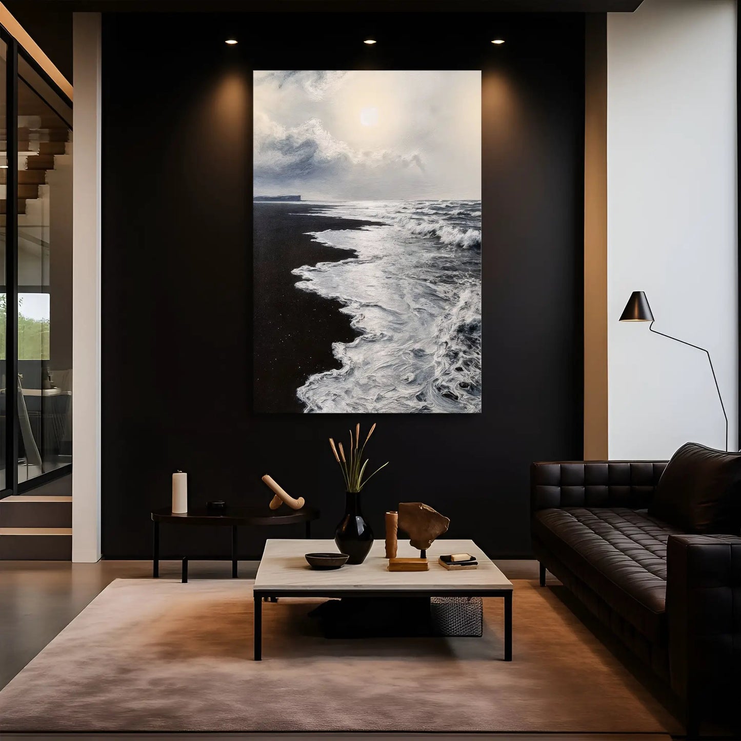 Black & White Waves Abstract Wall Art canvas Tailored Canvases, monochrome waves on dark wall on Tampa Home & Garden Store