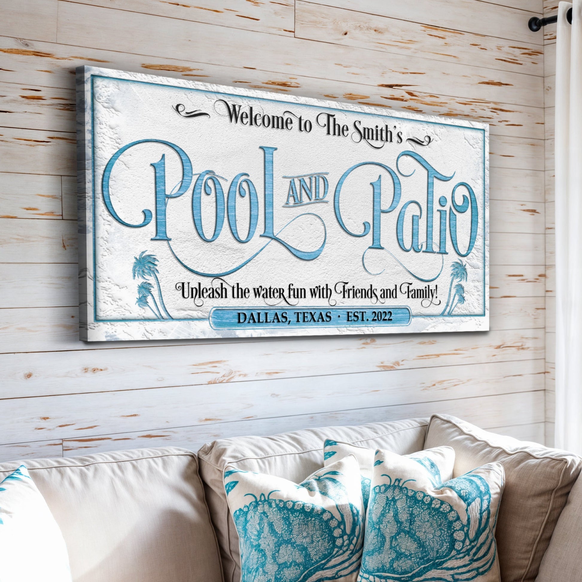 Personalized Pool & Patio Sign canvas wall art with blue ornate lettering and teal border on Tampa Home & Garden Store