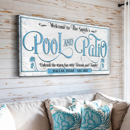 Personalized Pool & Patio Sign canvas wall art with blue ornate lettering and teal border on Tampa Home & Garden Store