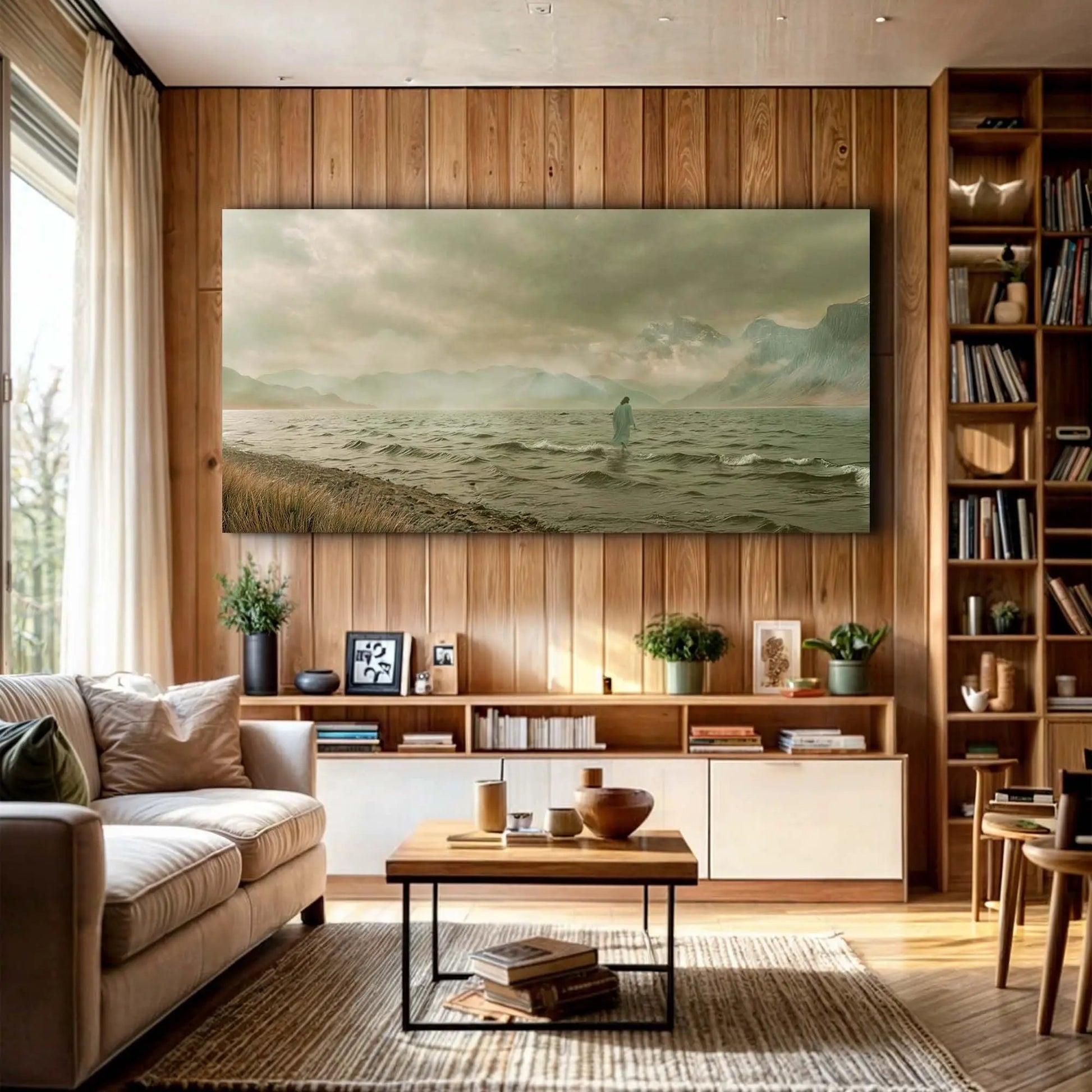 Walking On Water Faith Wall Art canvas featuring a soft green coastal scene Tailored Canvases on Tampa Home & Garden Store