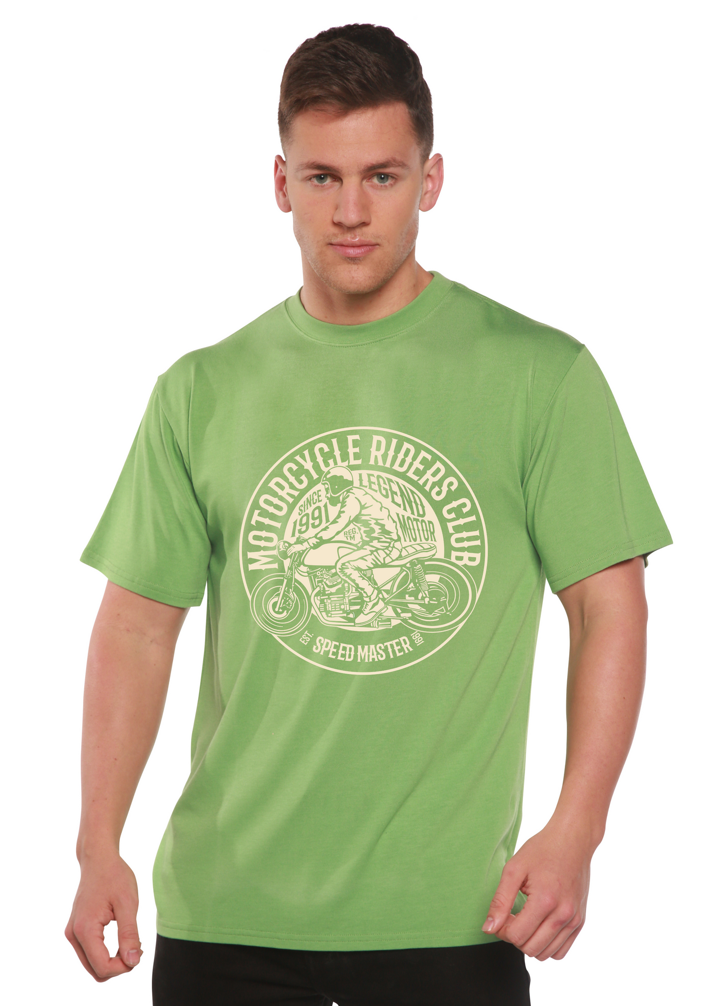 Motorcycle Riders Club men's bamboo T-shirt lime green short sleeve graphic tee with motorcycle on Tampa Home & Garden Store