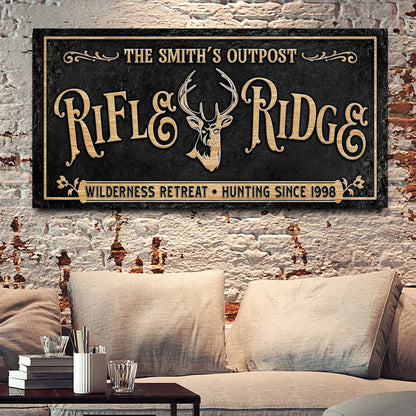 Personalized Rifle Ridge Family Sign canvas with gold lettering and deer head on Tampa Home & Garden Store