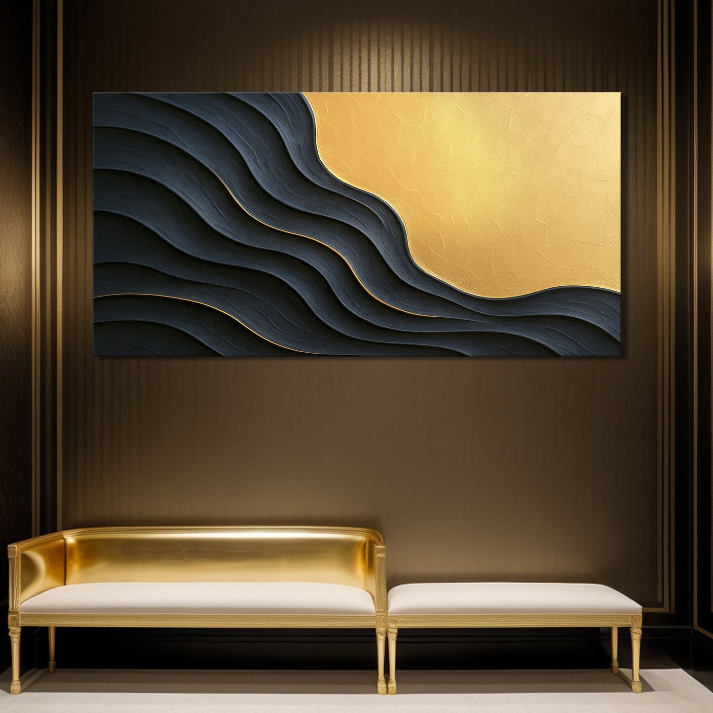 Black and gold minimalist abstract XII canvas by Tailored Canvases; textured wave motif on Tampa Home & Garden Store