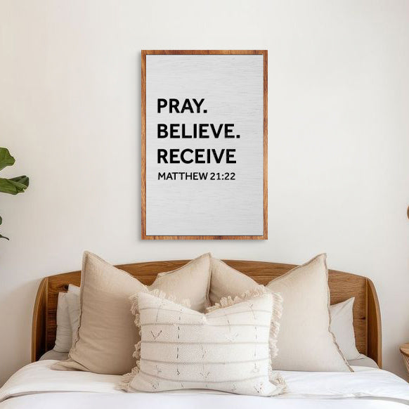 Tailored Canvases Pray Believe Receive canvas wall sign with wooden frame gray background on Tampa Home & Garden Store