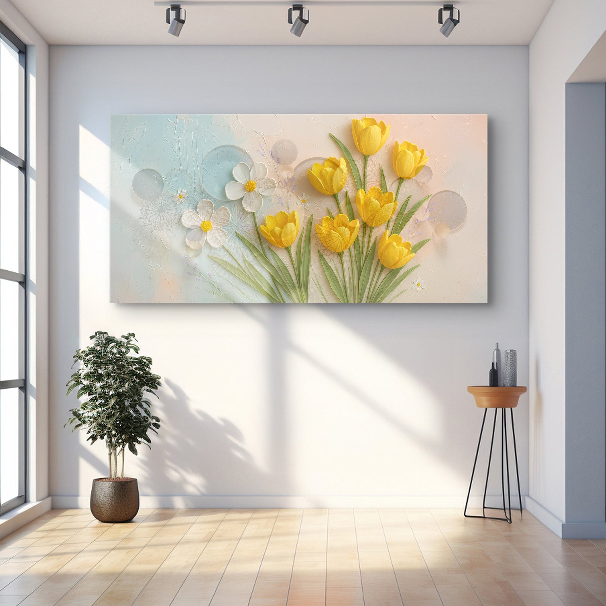 Floral Wall Art II canvas Tailored Canvases with yellow tulips on pastel background on Tampa Home & Garden Store
