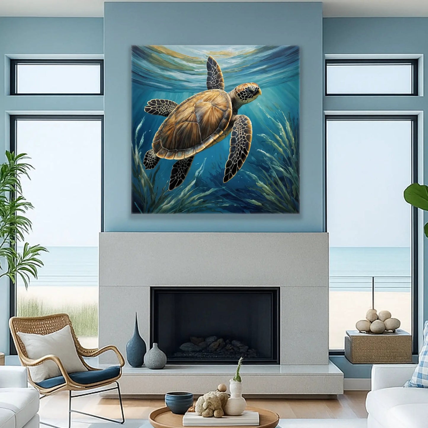 Turtle sea life wall art canvas in blue seascape by Tailored Canvases on Tampa Home & Garden Store