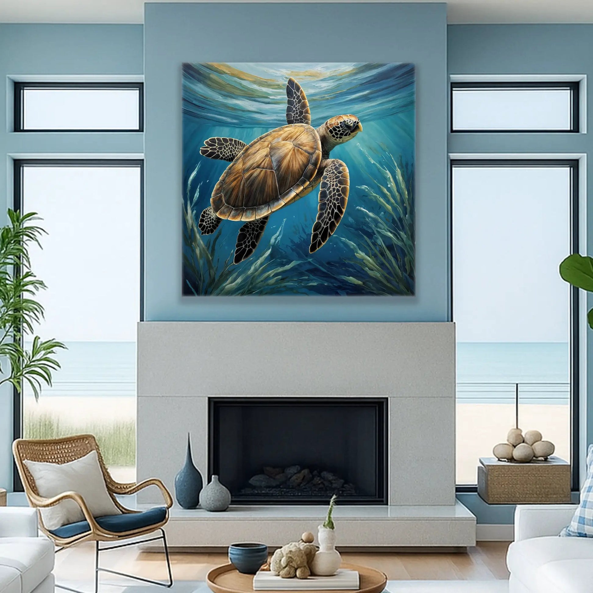 Turtle sea life wall art canvas in blue seascape by Tailored Canvases on Tampa Home & Garden Store