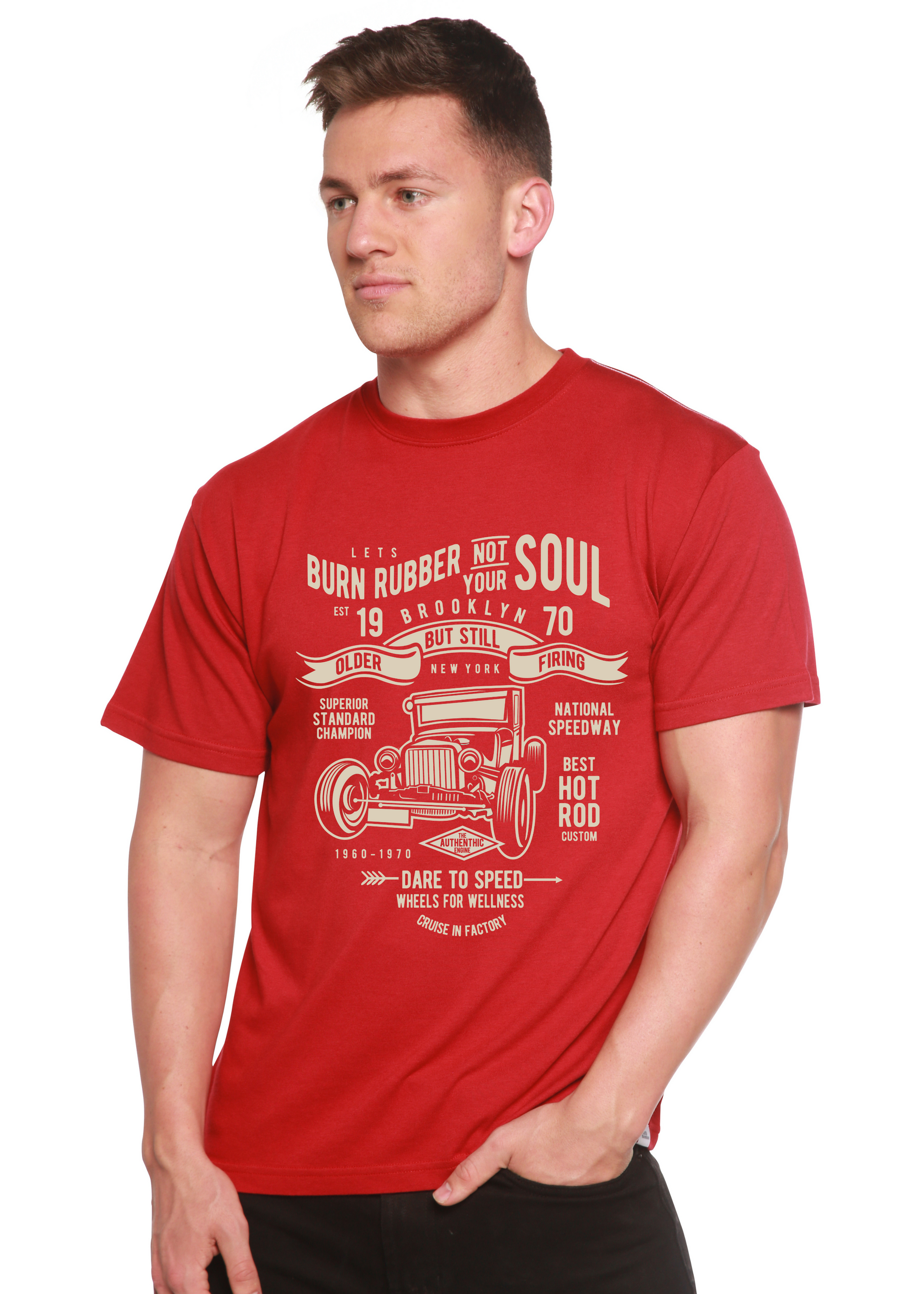 Burn Rubber red bamboo viscose organic cotton tee with vintage car print Spun Bamboo on Tampa Home & Garden Store