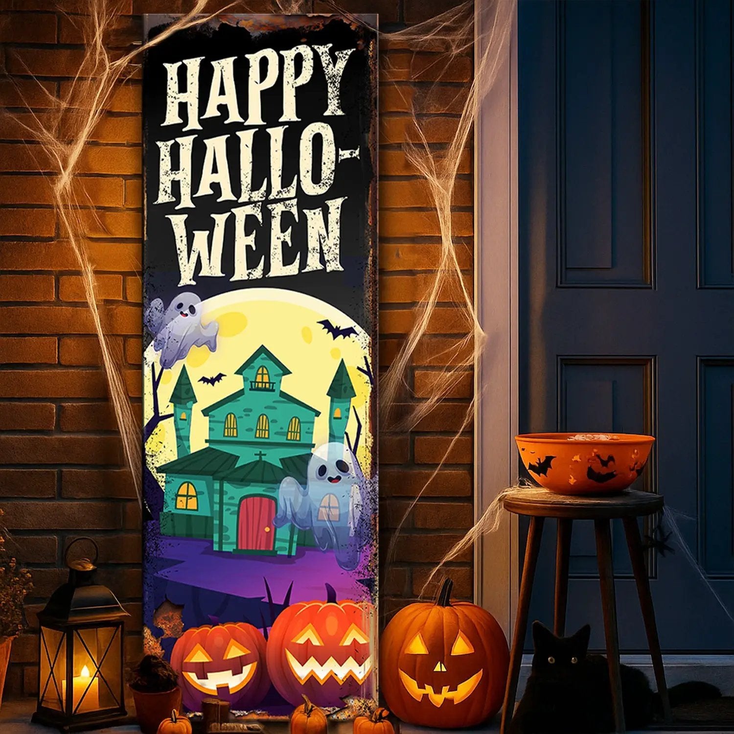 Halloween Welcome Sign canvas by Tailored Canvases, black background with cream lettering on Tampa Home & Garden Store