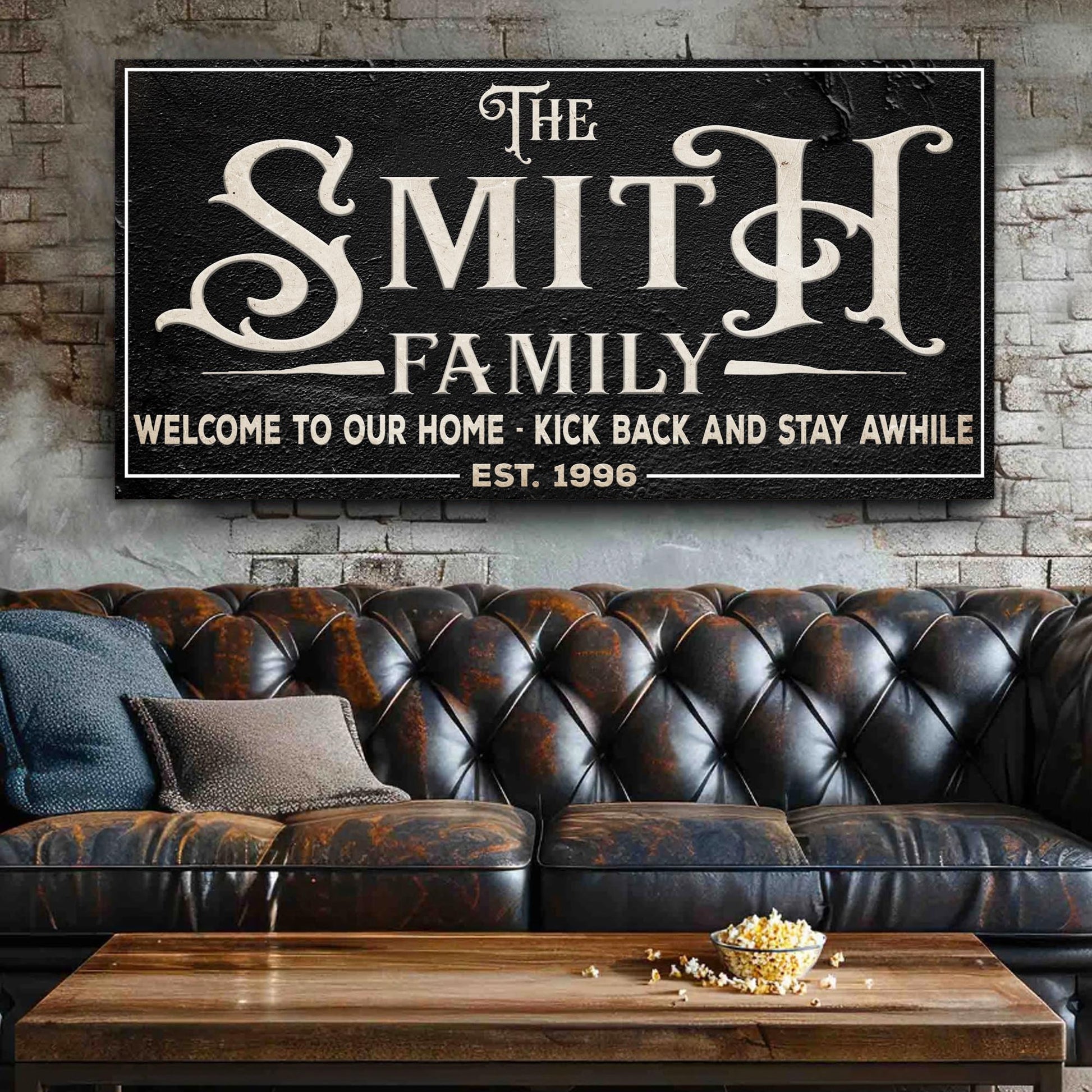 Family Sign XXV canvas by Tailored Canvases featuring The Smith Family on black textured panel on Tampa Home & Garden Store