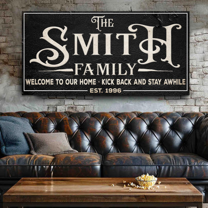 Family Sign XXV canvas by Tailored Canvases featuring The Smith Family on black textured panel on Tampa Home & Garden Store
