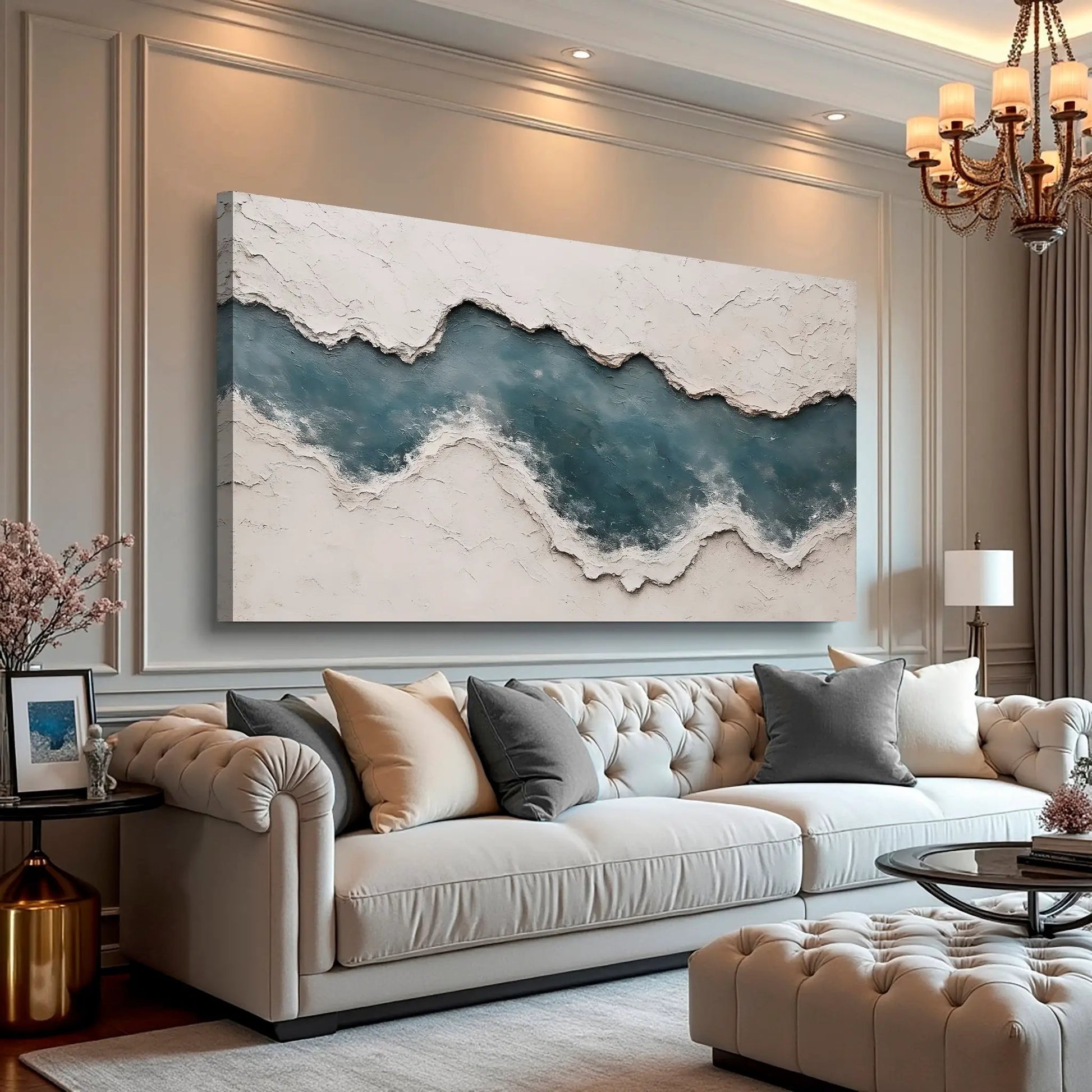 Minimalist Wall Art XII canvas by Tailored Canvases; white textured top with teal, chic room on Tampa Home & Garden Store