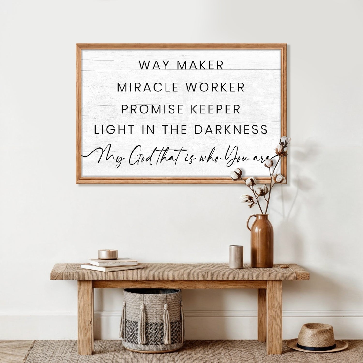 Canvas sign My God Way Maker Miracle Worker Faith Sign by Tailored Canvases with whitewashed planks and natural wood frame on Tampa Home & Garden Store