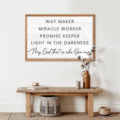 Canvas sign My God Way Maker Miracle Worker Faith Sign by Tailored Canvases with whitewashed planks and natural wood frame on Tampa Home & Garden Store