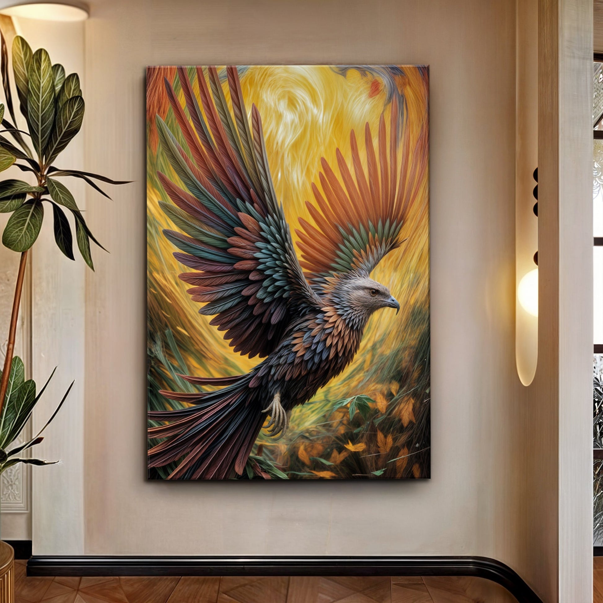 Flight Of Fancy Bird Wall Art canvas by Tailored Canvases, vibrant multicolor feathers on Tampa Home & Garden Store