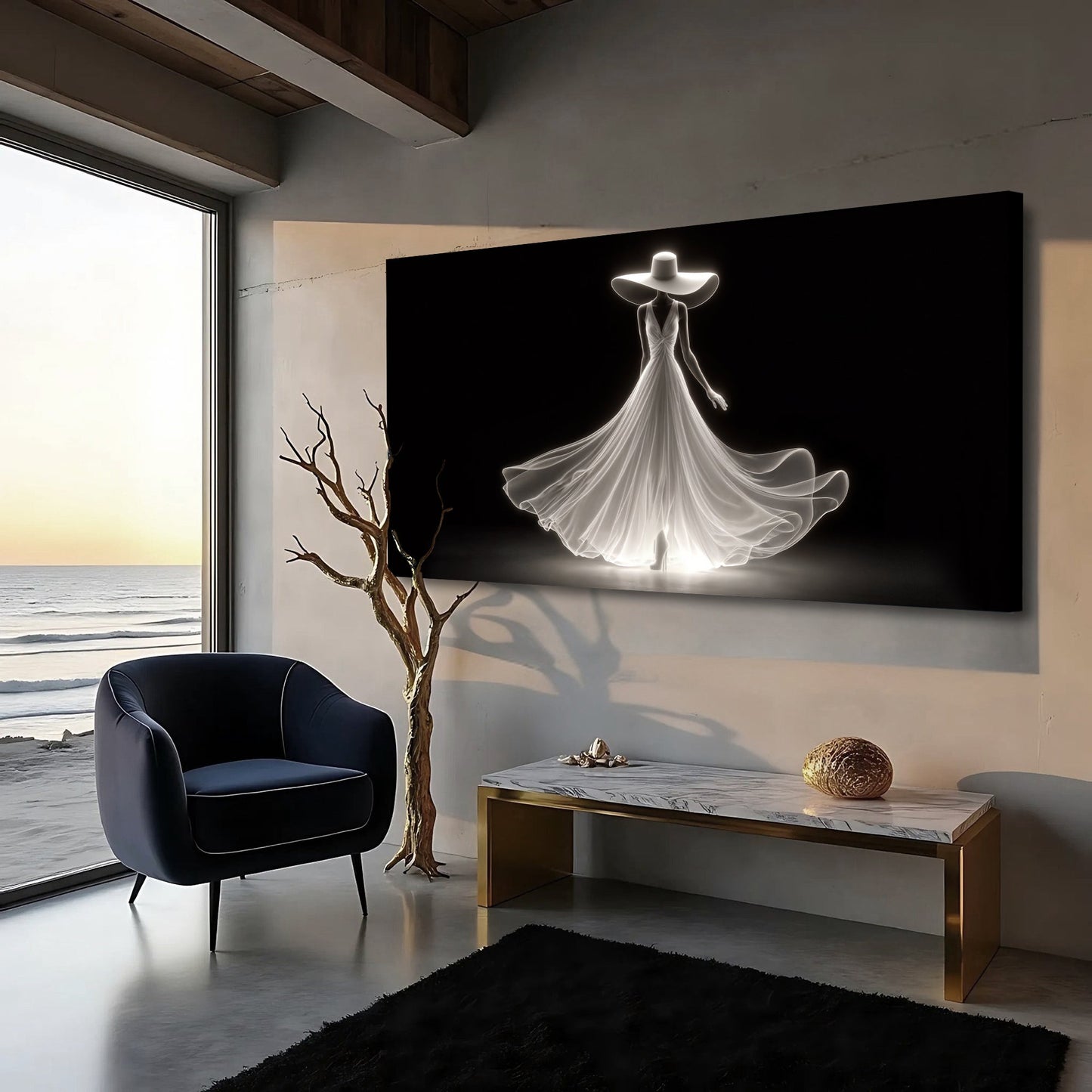 Modern Glam Fashion Wall Art canvas by Tailored Canvases with a white dress silhouette on black on Tampa Home & Garden Store