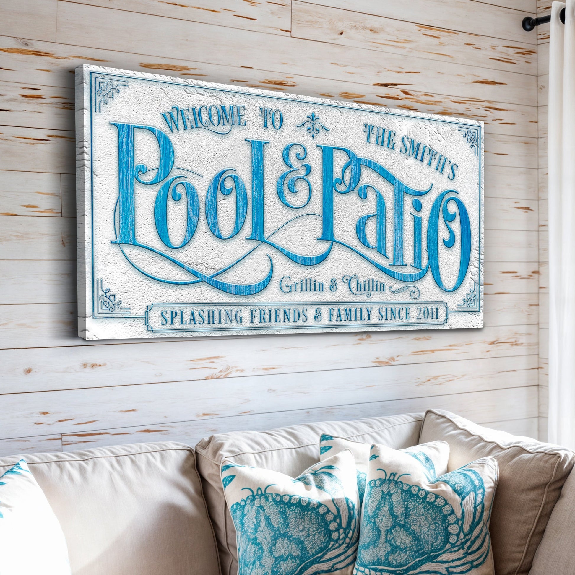 Personalized Swimming Pool Sign canvas by Tailored Canvases in blue ornate script lettering on Tampa Home & Garden Store