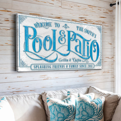 Personalized Swimming Pool Sign canvas by Tailored Canvases in blue ornate script lettering on Tampa Home & Garden Store