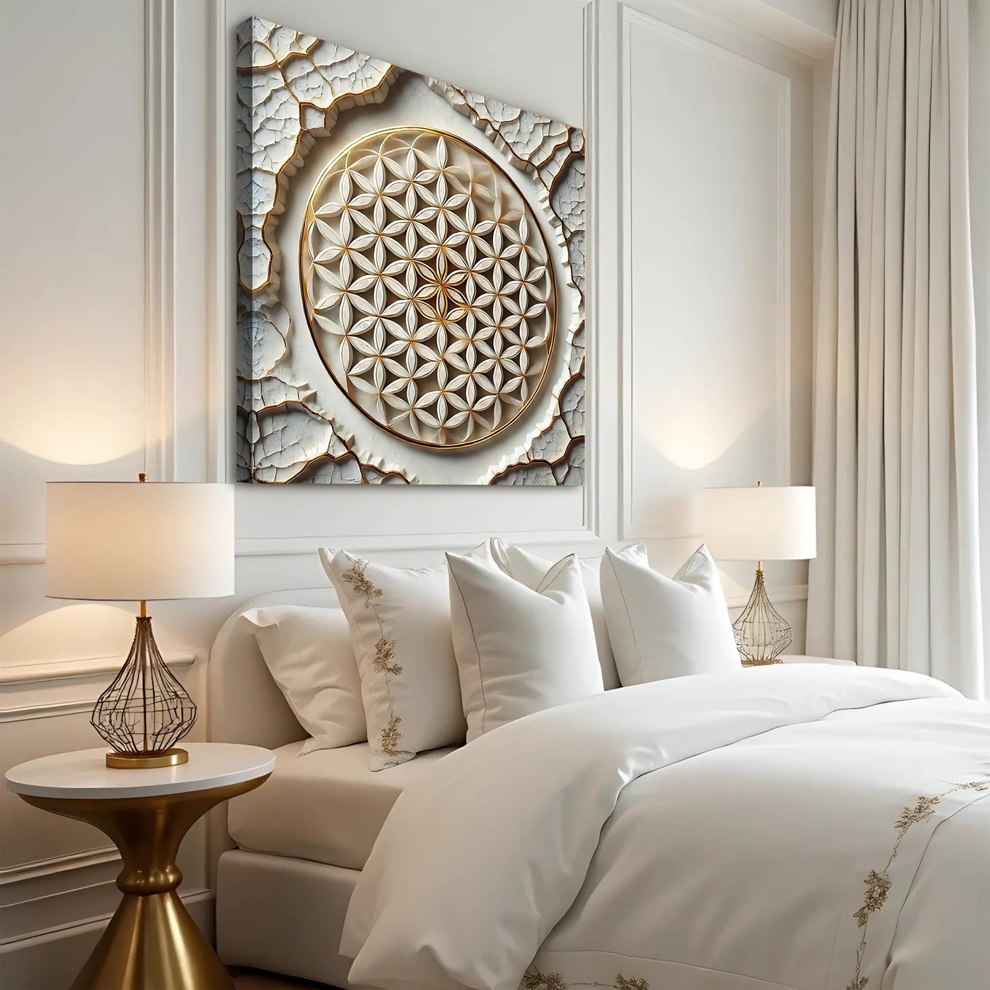 Flower Of Life Wall Art VI canvas Tailored Canvases gold geometric motif on textured backdrop on Tampa Home & Garden Store