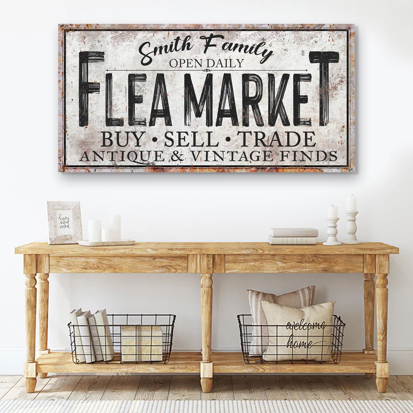 Family flea market sign canvas by Tailored Canvases; bold lettering, rustic charm on Tampa Home & Garden Store