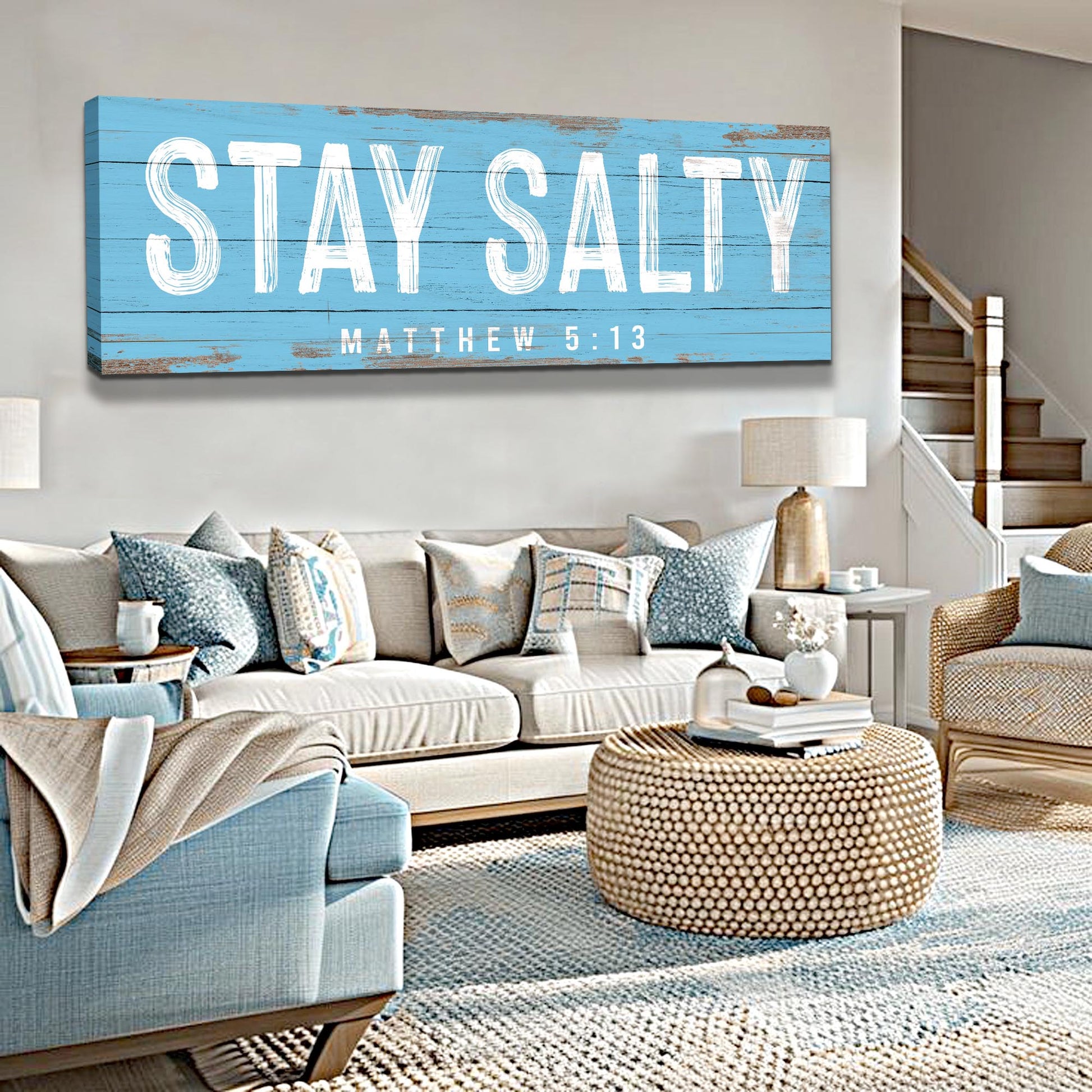 Stay Salty Coastal Sign IV canvas wall art on blue distressed wood with white lettering on Tampa Home & Garden Store