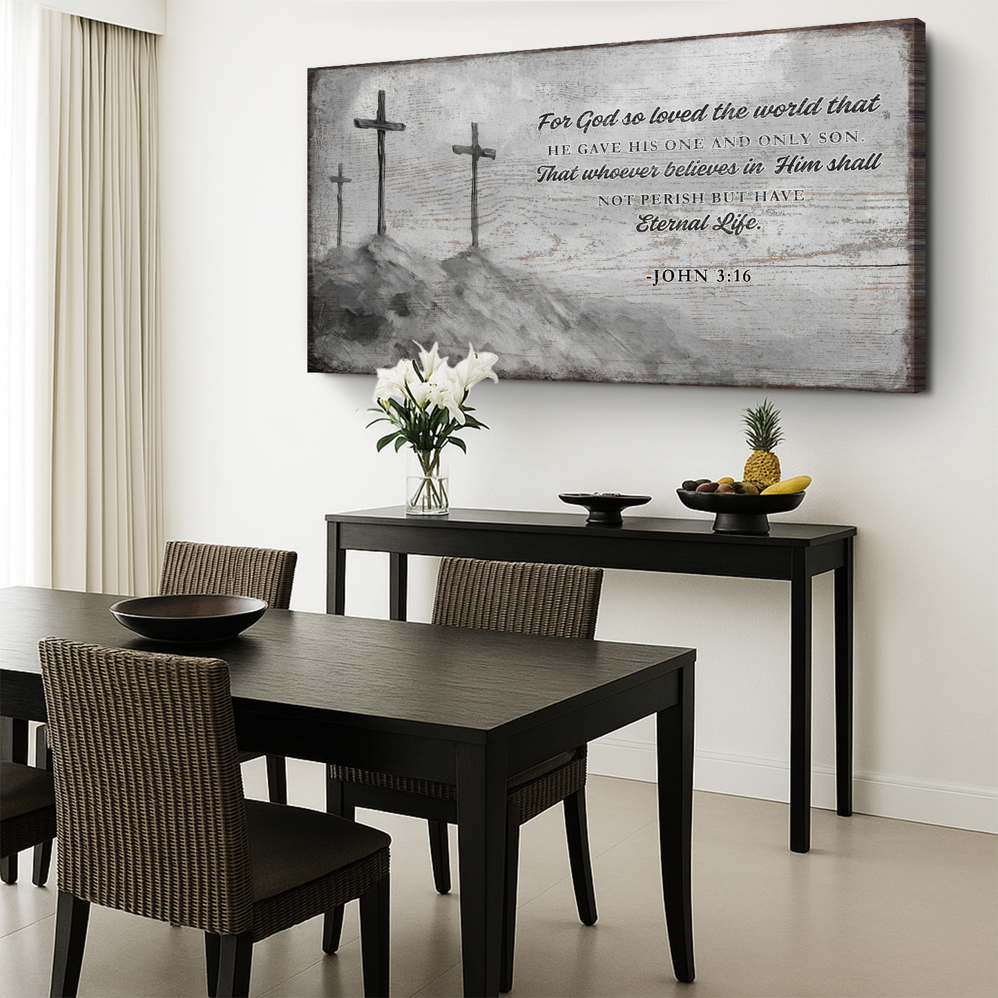 Canvas Faith Sign VIII John 3:16 by Tailored Canvases; rustic gray wood panel with three crosses on Tampa Home & Garden Store