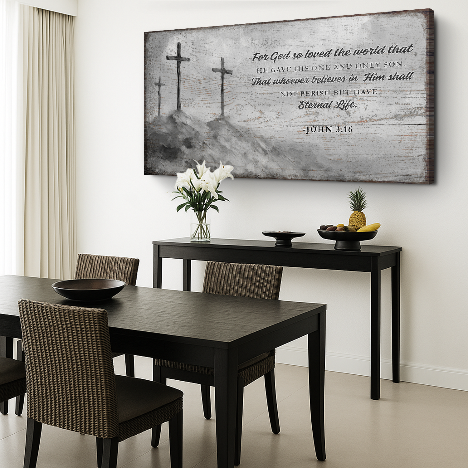 Canvas Faith Sign VIII John 3:16 by Tailored Canvases; rustic gray wood panel with three crosses on Tampa Home & Garden Store