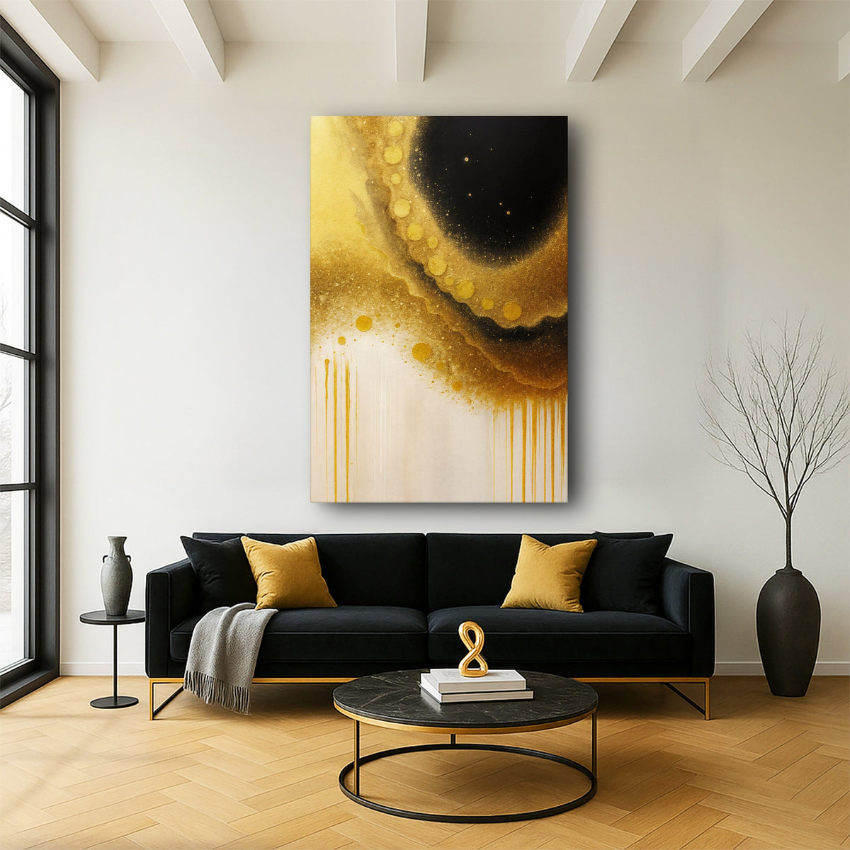 Minimalist Black and Gold Wall Art Canvas by Tailored Canvases, vertical abstract gold on black on Tampa Home & Garden Store