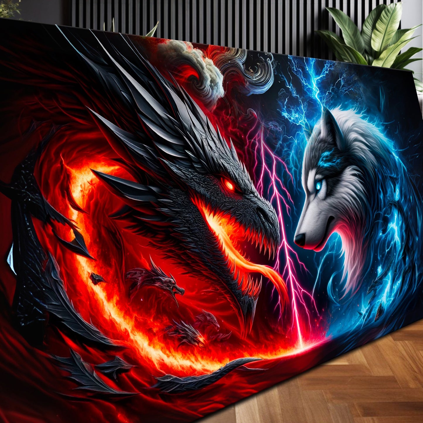 3D Dragon and Wolf Wall Art VI canvas by Tailored Canvases, red dragon and blue wolf on Tampa Home & Garden Store