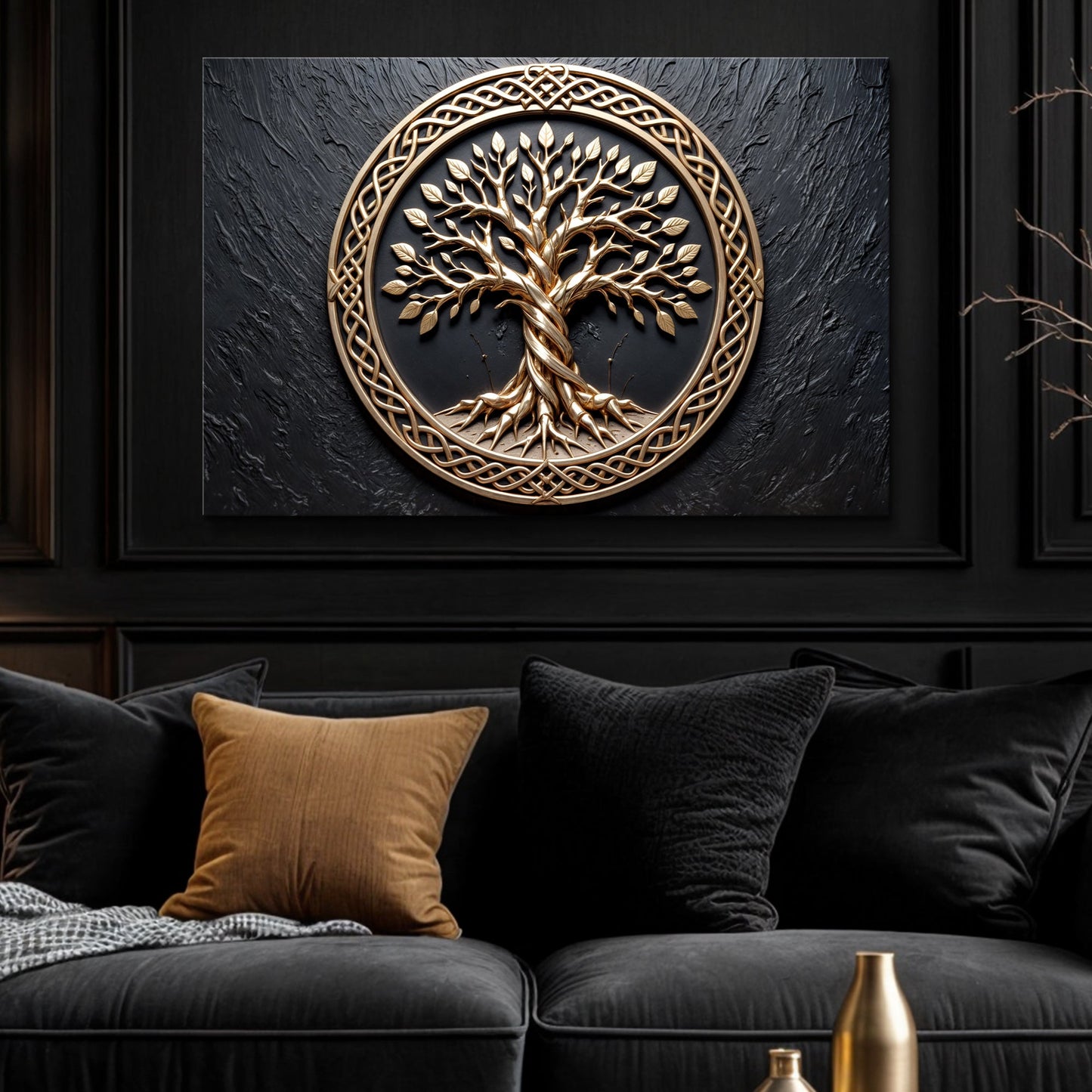 3D Celtic Tree of Life canvas wall art gold-tone tree on dark background on Tampa Home & Garden Store