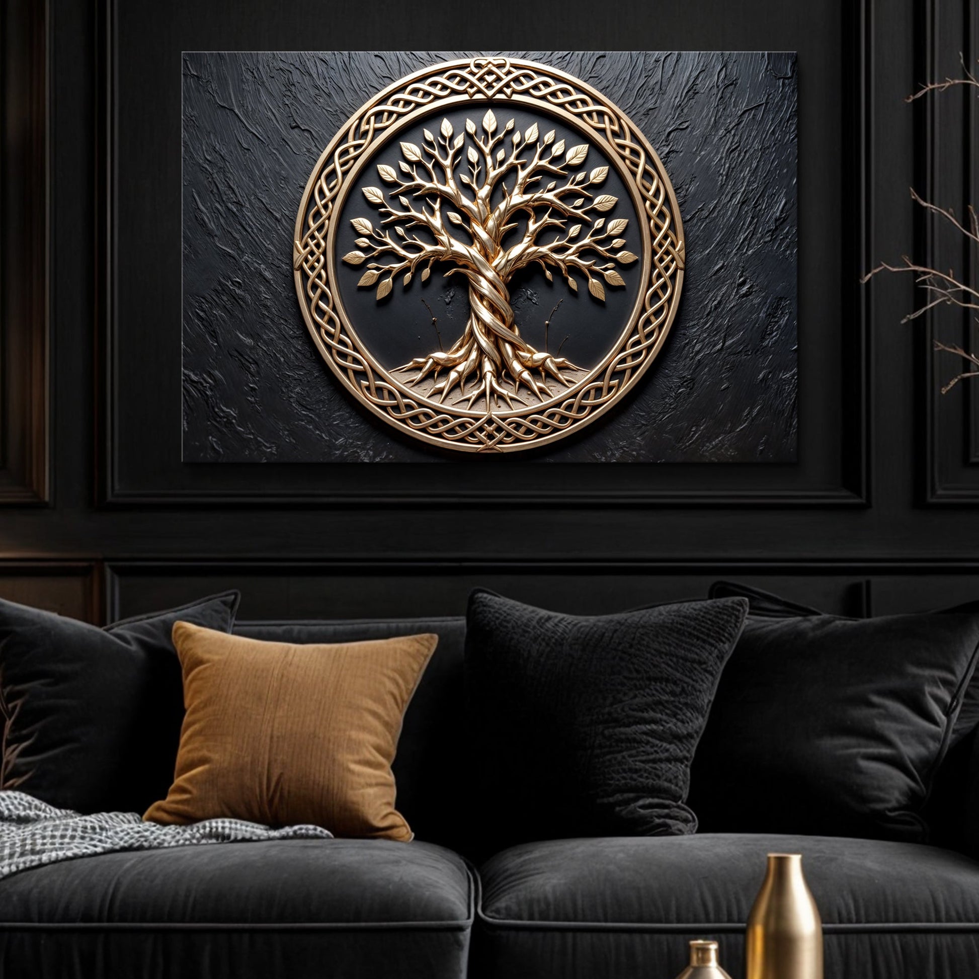 3D Celtic Tree of Life canvas wall art gold-tone tree on dark background on Tampa Home & Garden Store