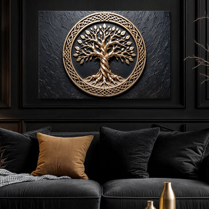 3D Celtic Tree of Life canvas wall art gold-tone tree on dark background on Tampa Home & Garden Store
