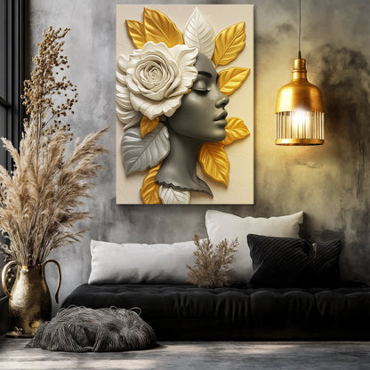 Floral Majesty Wall Art III canvas Tailored Canvases; grayscale head with white rose and gold leaves on Tampa Home & Garden Store