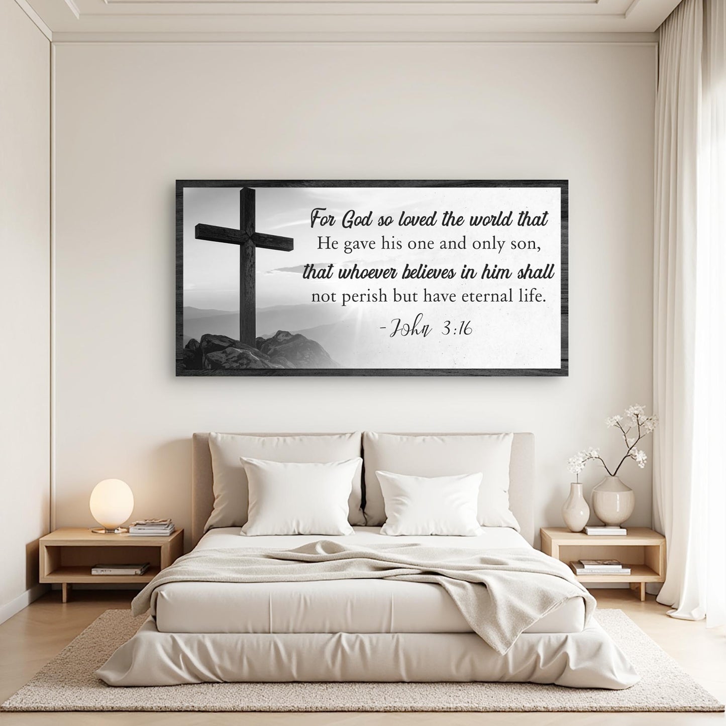 John 3:16 Faith Sign canvas by Tailored Canvases, black-framed canvas over bed in bedroom on Tampa Home & Garden Store