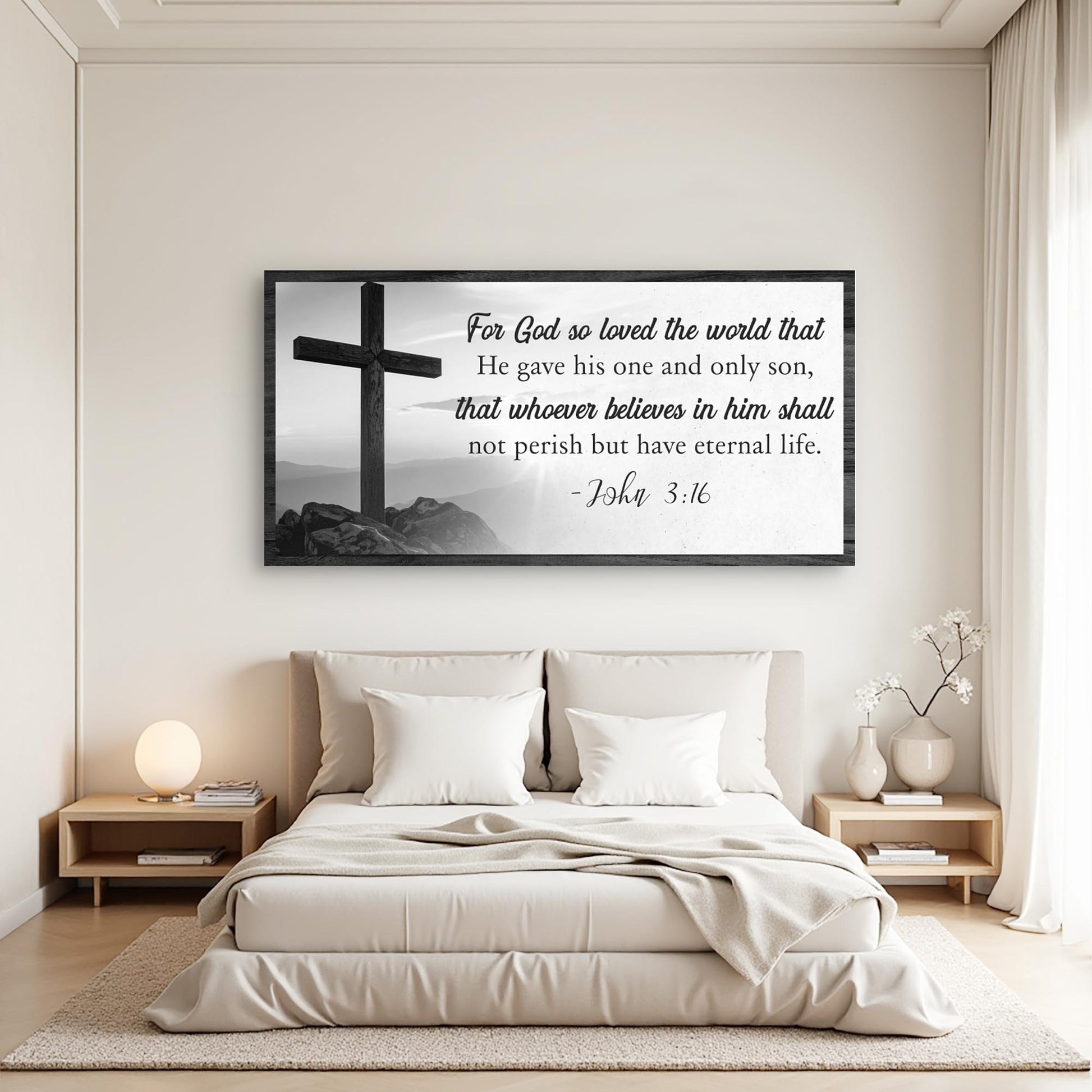 John 3:16 Faith Sign canvas by Tailored Canvases, black-framed canvas over bed in bedroom on Tampa Home & Garden Store