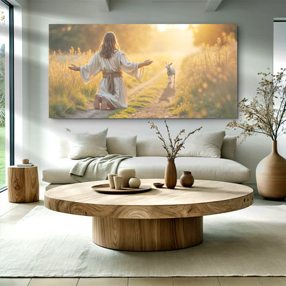 Jesus Protects The Lamb From Wolves Faith Wall Art IX canvas, pastoral with lamb on path on Tampa Home & Garden Store