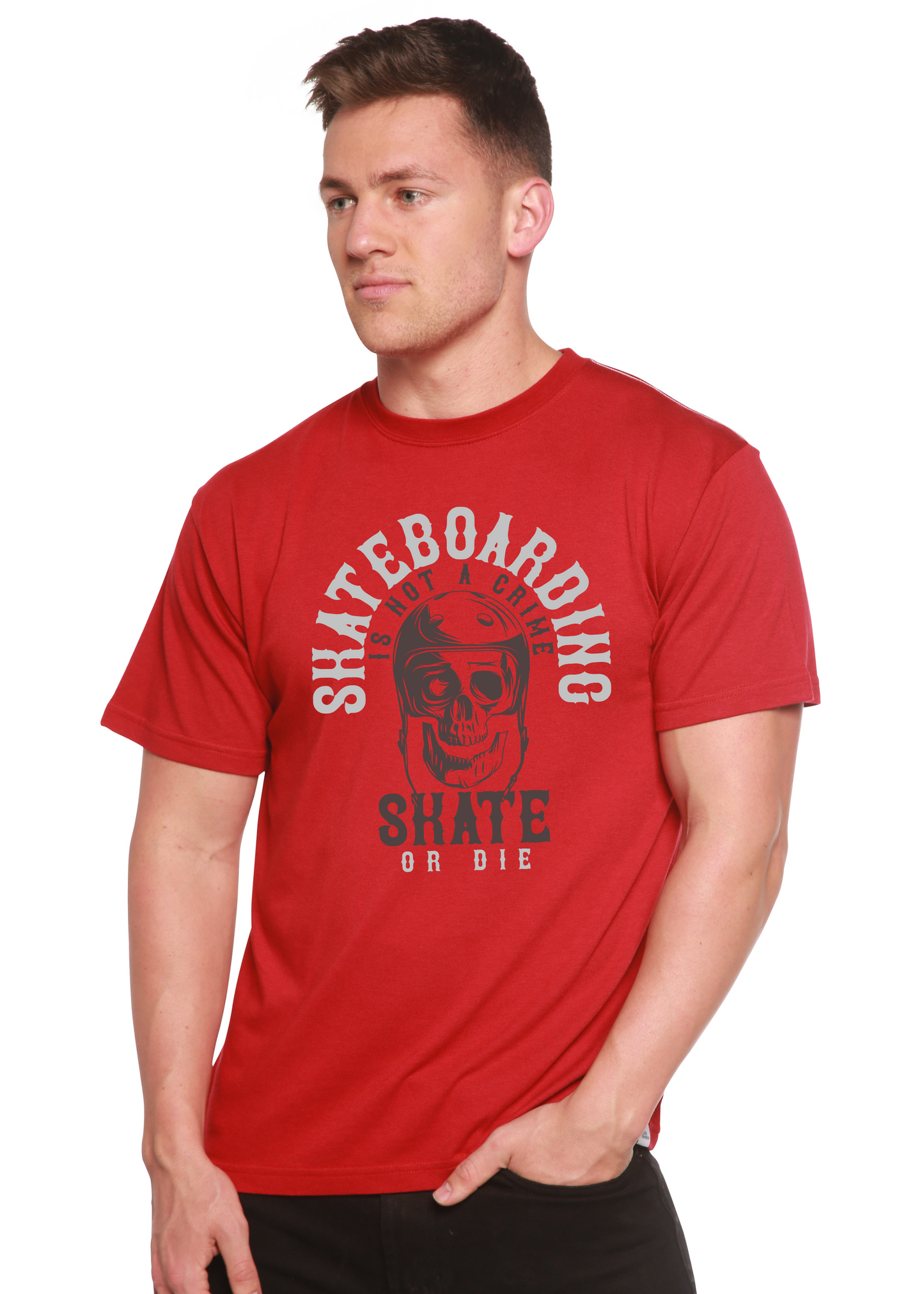 Skateboarding men's red bamboo viscose/organic cotton short sleeve graphic tee with skull design on Tampa Home & Garden Store