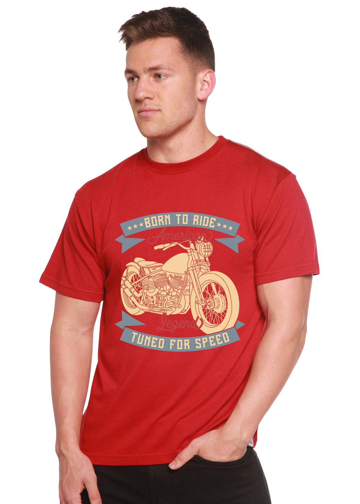 Born To Ride American Legend bamboo blend graphic tee red with motorcycle by Spun Bamboo on Tampa Home & Garden Store