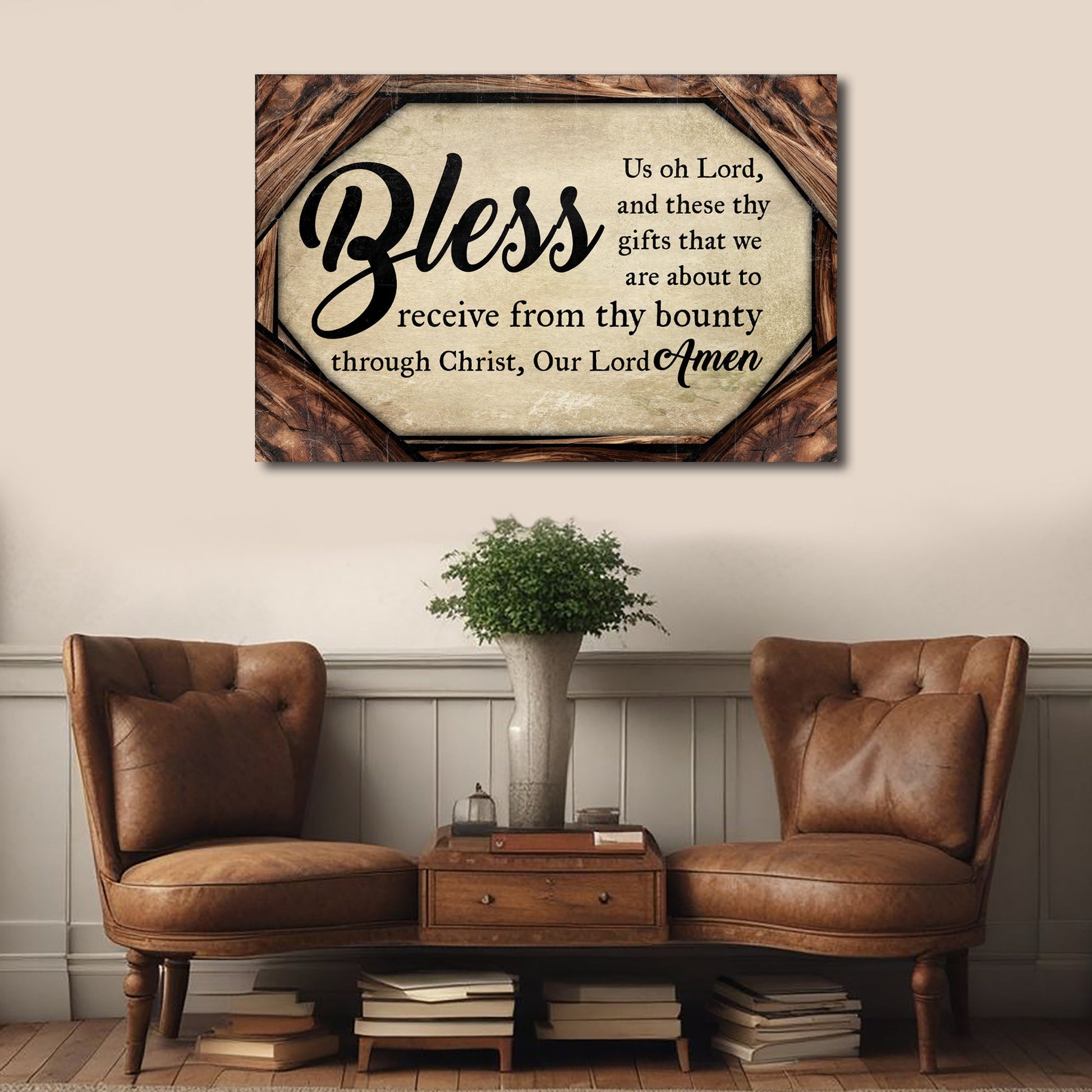 Bless Us Oh Lord Faith Sign II canvas crafting sign with beige parchment and rustic wood frame Tailored Canvases on Tampa Home & Garden Store