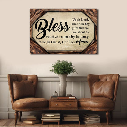 Bless Us Oh Lord Faith Sign II canvas crafting sign with beige parchment and rustic wood frame Tailored Canvases on Tampa Home & Garden Store