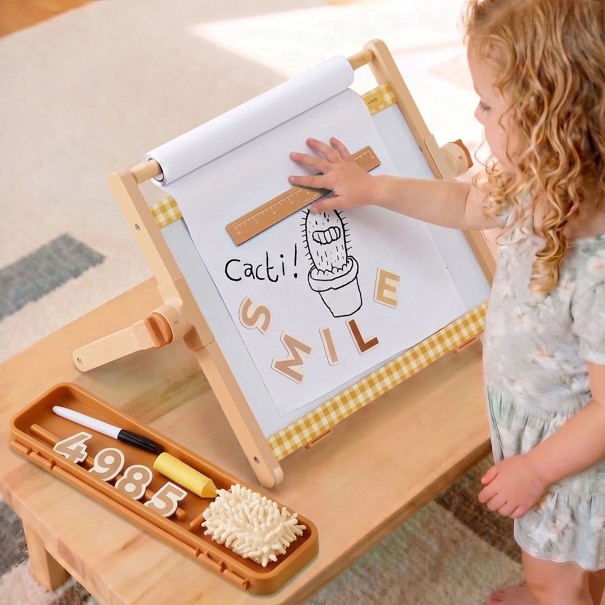 Tiny Land INC Double-Sided Magnetic Tabletop Easel for kids with paper roll cactus drawing on Tampa Home & Garden Store