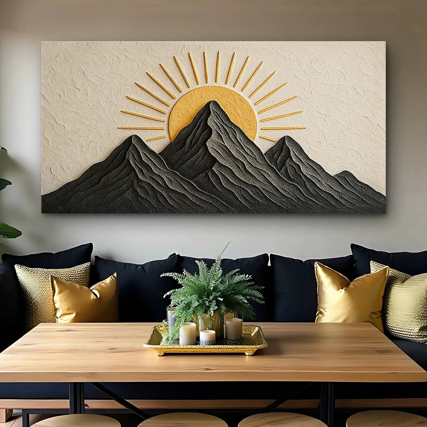 Mountain Majesty canvas with dark layered mountains and gold sunburst on Tampa Home & Garden Store
