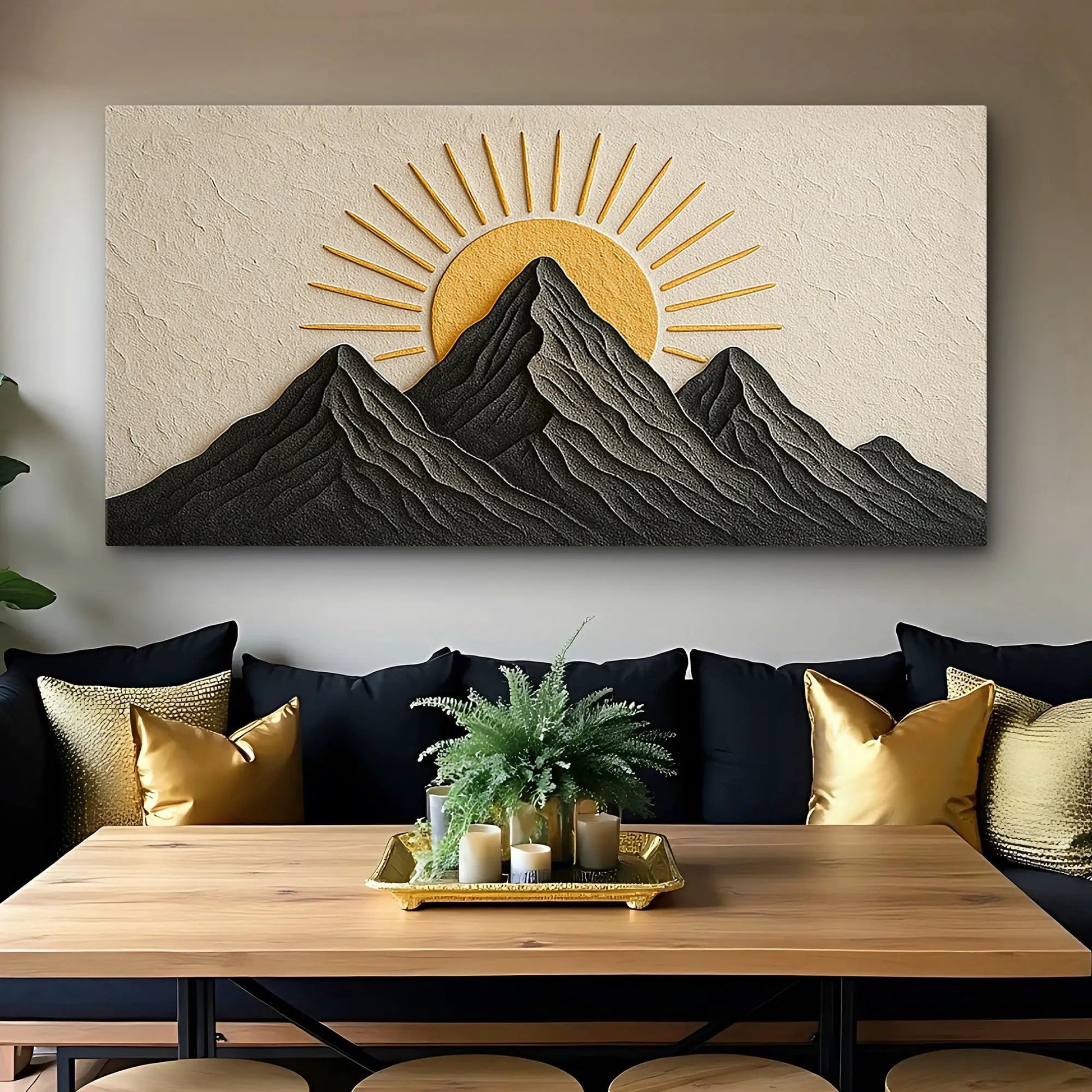 Mountain Majesty canvas with dark layered mountains and gold sunburst on Tampa Home & Garden Store