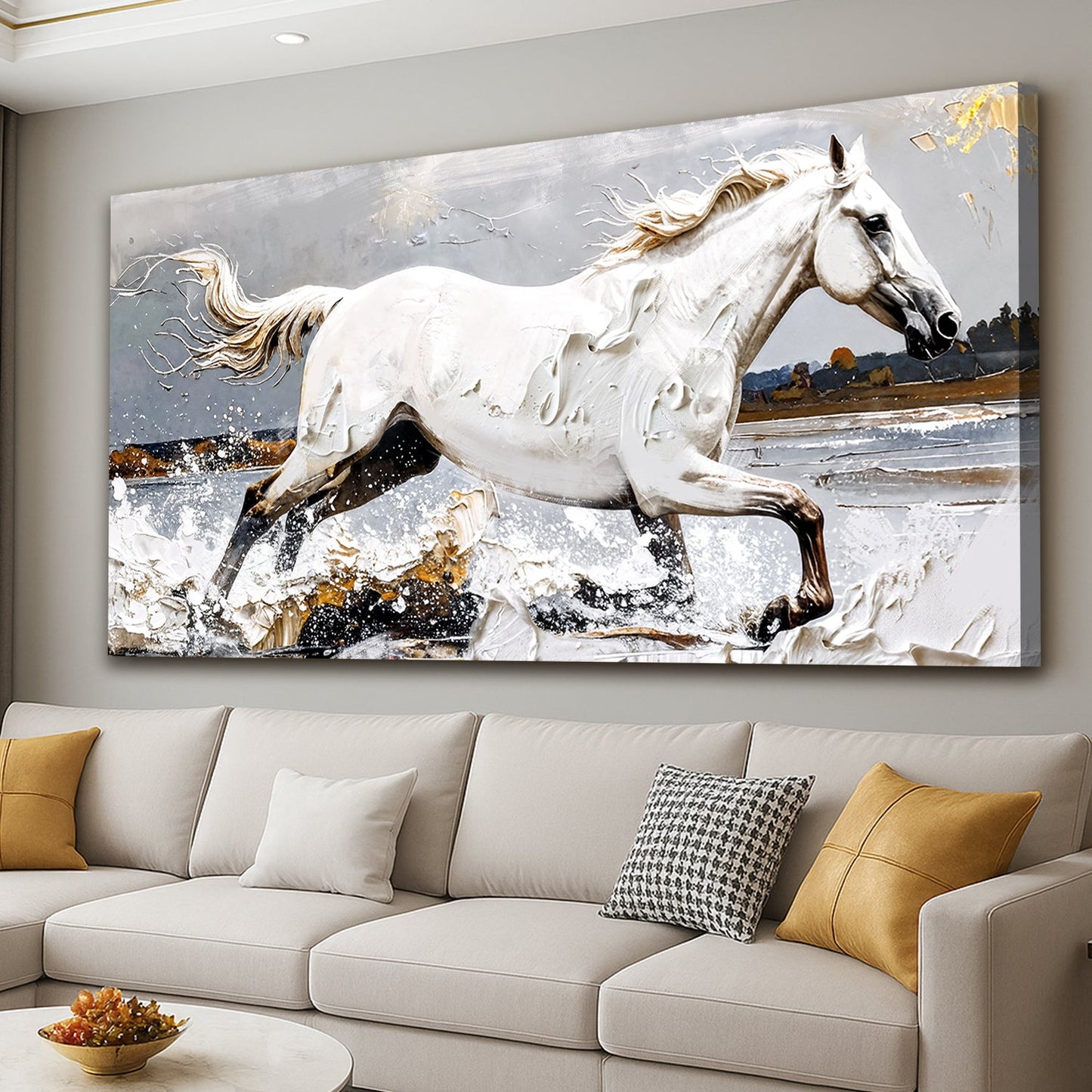 Canvas Modern Abstract Horse by Tailored Canvases; white horse gallops across gray water splash on Tampa Home & Garden Store