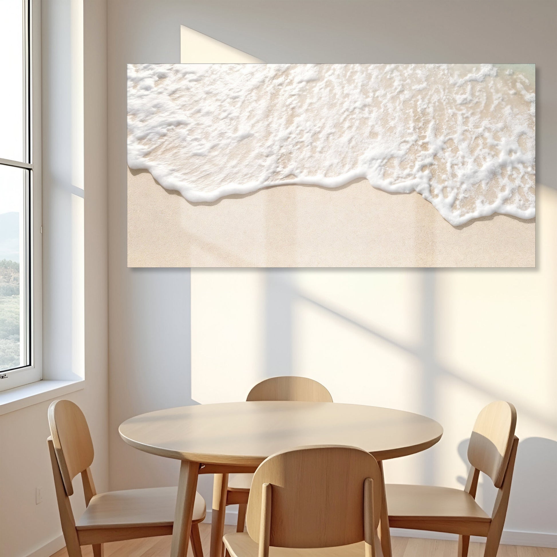 Sandy Waves Wall Art II canvas by Tailored Canvases; foamy waves over sand in a bright room on Tampa Home & Garden Store