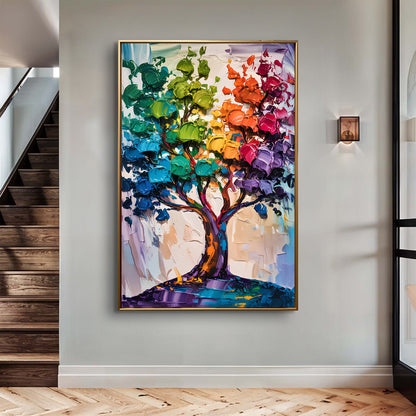 Rainbow Tree Abstract Wall Art canvas by Tailored Canvases, tree in thick paint with gold frame on Tampa Home & Garden Store