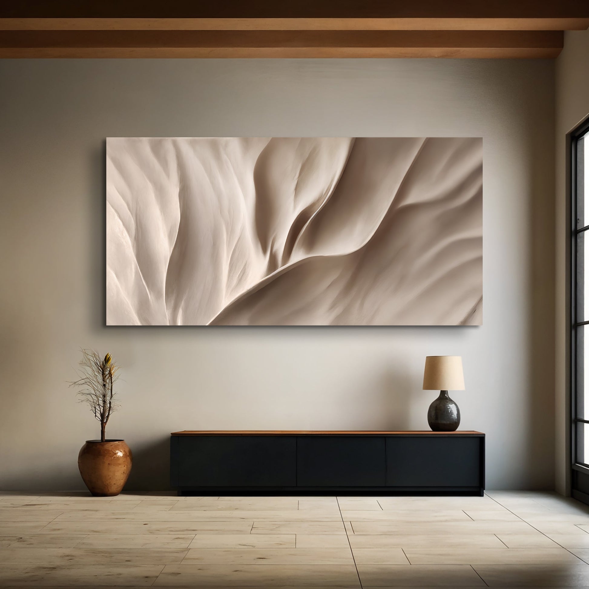 Soft Waves of Elegance canvas by Tailored Canvases; beige drapery abstract above a dark console on Tampa Home & Garden Store